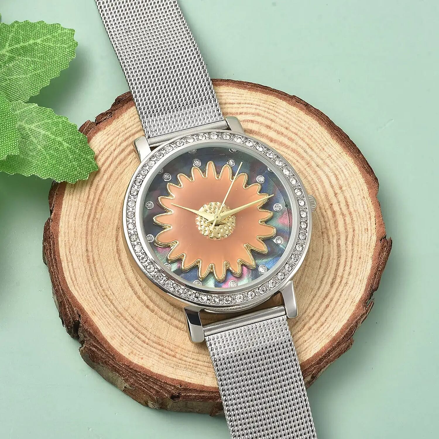 Strada Japanese Movement White Austrian Crystal Multi Color Dial & Brown Flower Pattern Watch with Stainless Steel Mesh Strap (35.80 mm) (6.75-8.00 Inches)