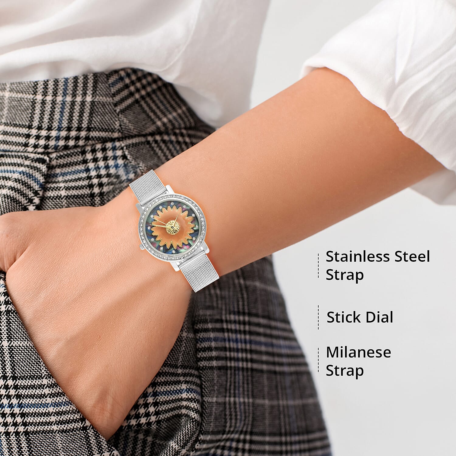 Strada Japanese Movement White Austrian Crystal Multi Color Dial & Brown Flower Pattern Watch with Stainless Steel Mesh Strap (35.80 mm) (6.75-8.00 Inches)