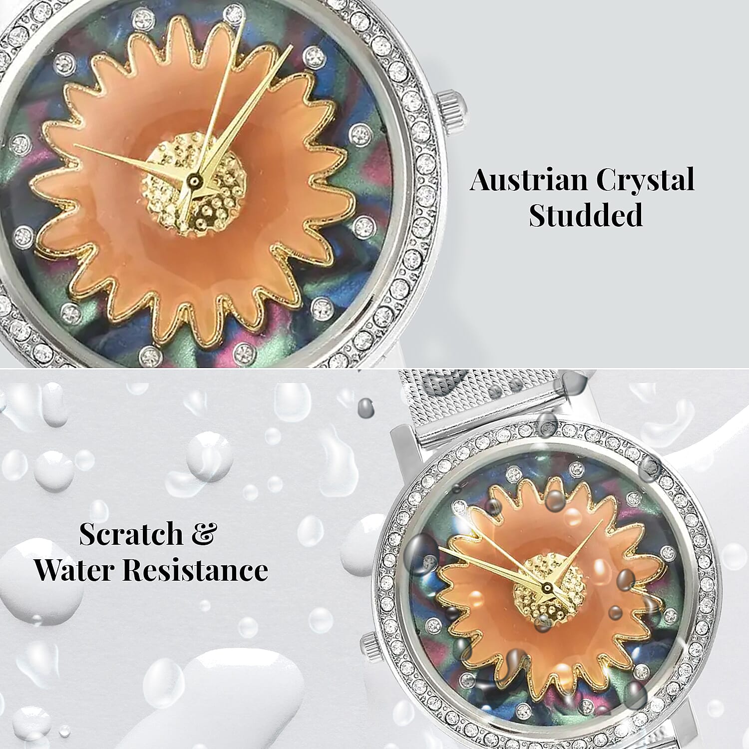 Strada Japanese Movement White Austrian Crystal Multi Color Dial & Brown Flower Pattern Watch with Stainless Steel Mesh Strap (35.80 mm) (6.75-8.00 Inches)