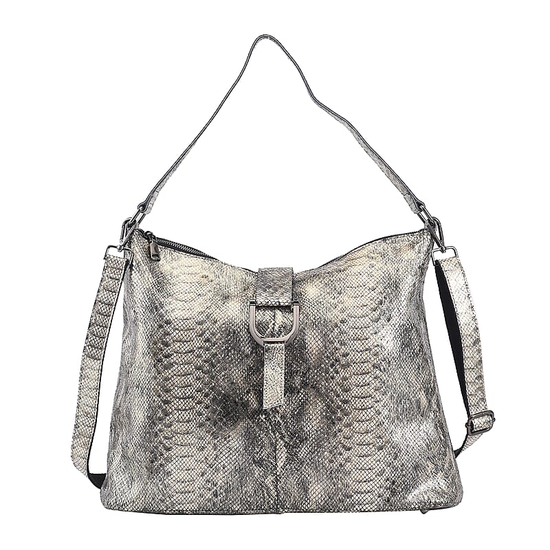 Gold and Black Snake Print Genuine Leather Hobo Bag with Detachable Shoulder Strap