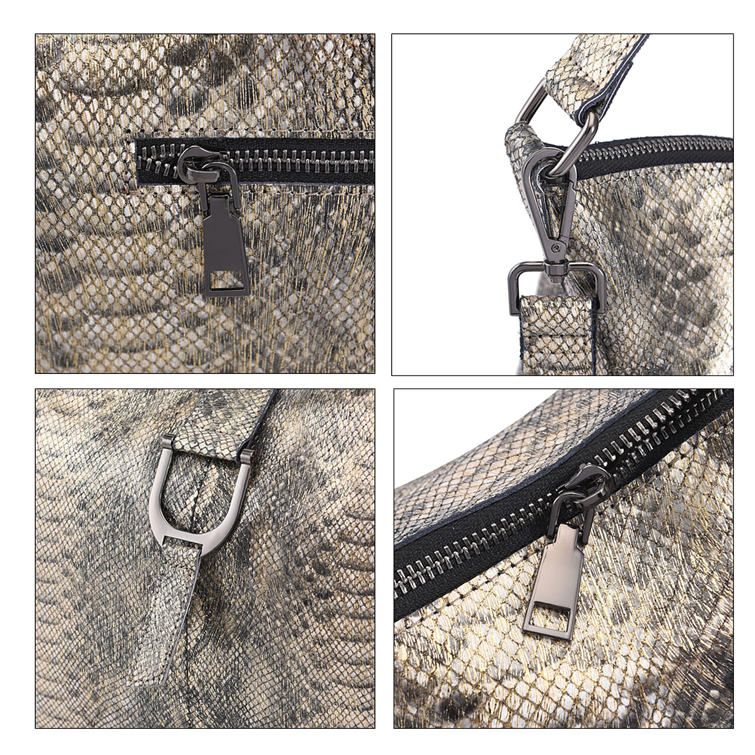 Gold and Black Snake Print Genuine Leather Hobo Bag with Detachable Shoulder Strap