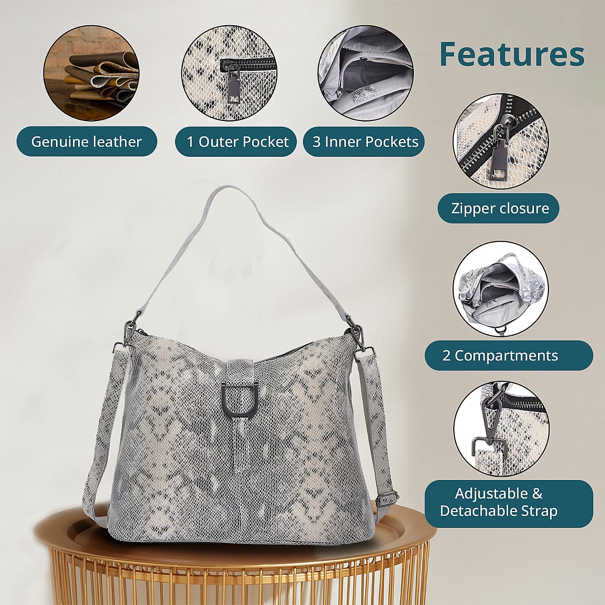 Gray Snake Print Genuine Leather Hobo Bag with Detachable Shoulder Strap image number 3