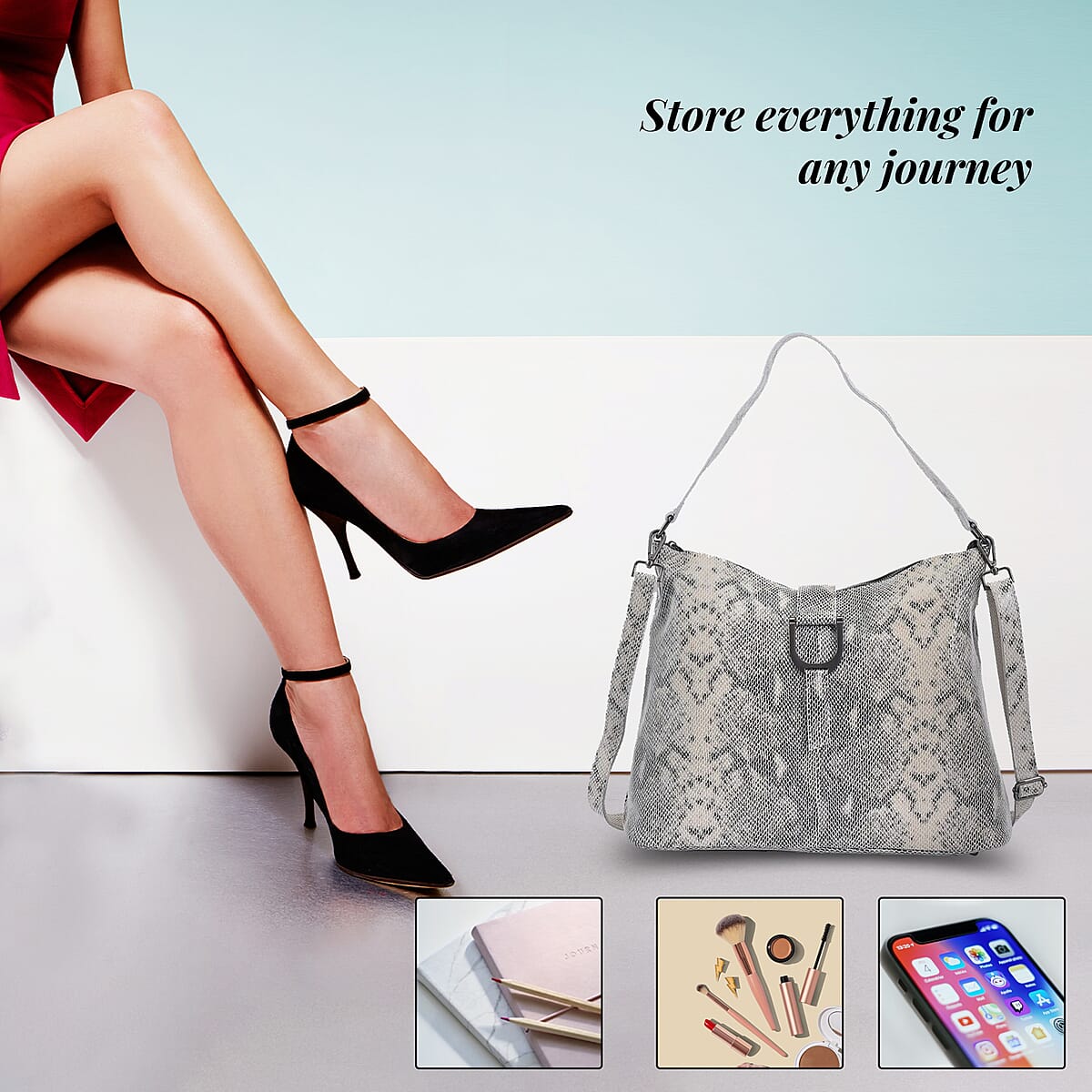 Gray Snake Print Genuine Leather Hobo Bag with Detachable Shoulder Strap image number 4
