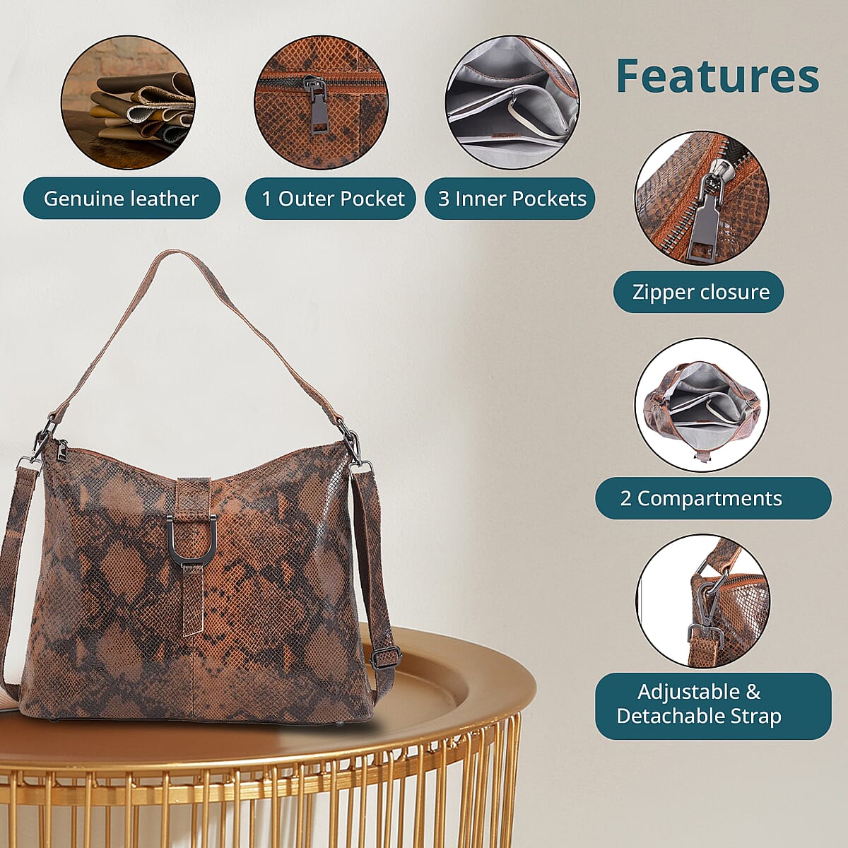 Tan and Black Snake Print Genuine Leather Hobo Bag with Detachable Shoulder Strap image number 3