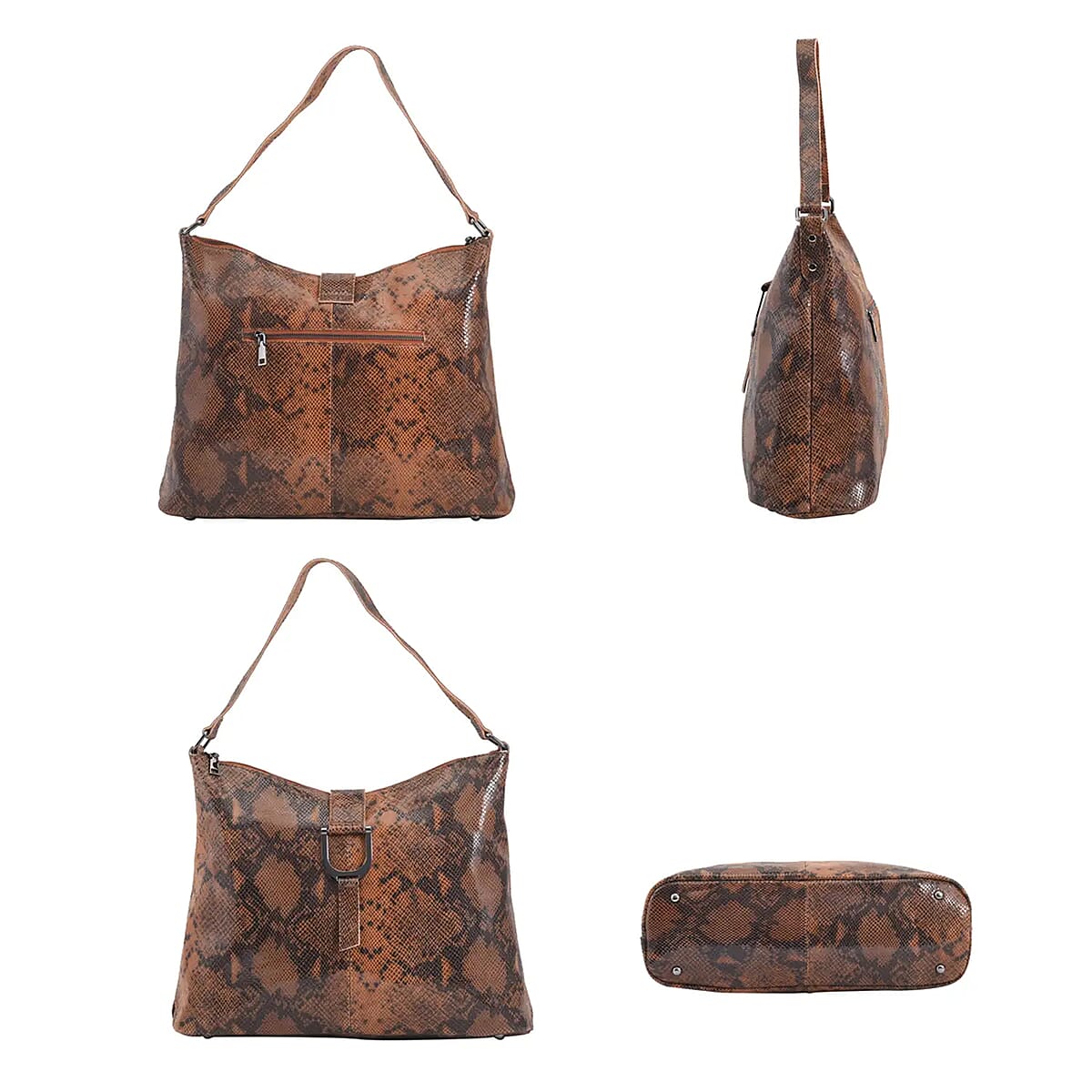 Tan and Black Snake Print Genuine Leather Hobo Bag with Detachable Shoulder Strap image number 5