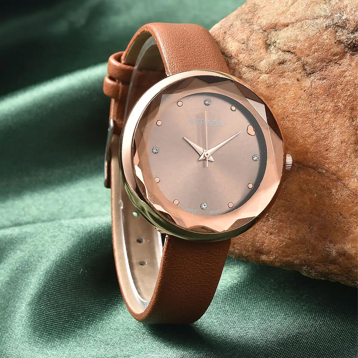 Strada Japanese Movement White Austrian Crystal with Brown Dial Watch in Brown Faux Leather Strap (36.32mm) (6.25-7.75 Inches) image number 1