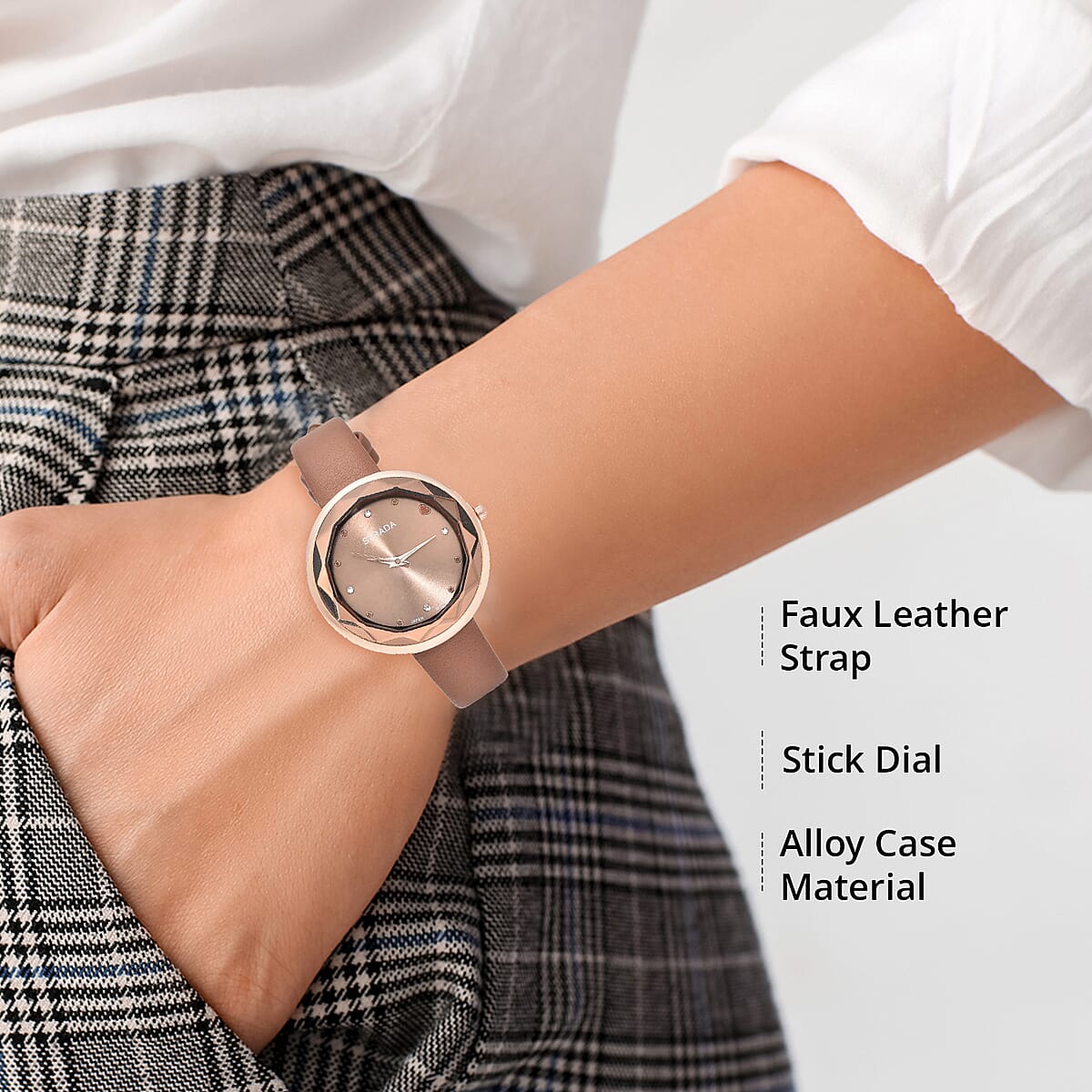 Strada Japanese Movement White Austrian Crystal with Brown Dial Watch in Brown Faux Leather Strap (36.32mm) (6.25-7.75 Inches) image number 2