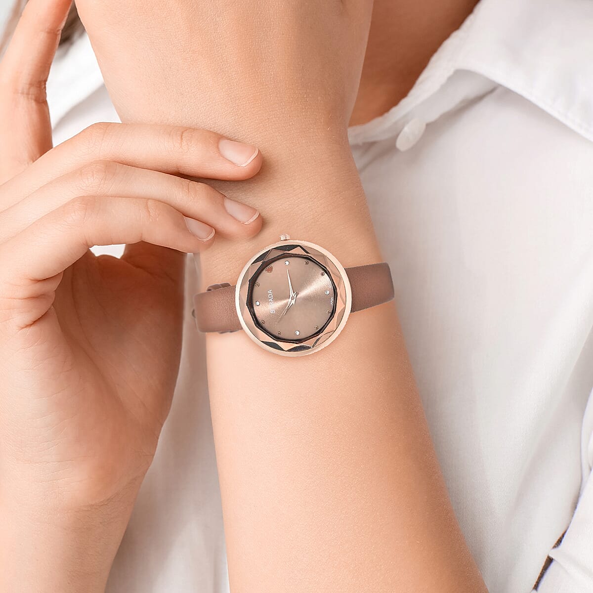 Strada Japanese Movement White Austrian Crystal with Brown Dial Watch in Brown Faux Leather Strap (36.32mm) (6.25-7.75 Inches) image number 4