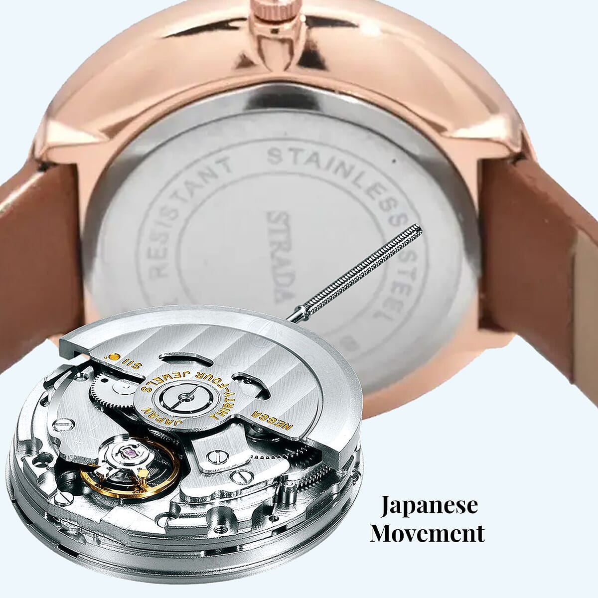 Strada Japanese Movement White Austrian Crystal with Brown Dial Watch in Brown Faux Leather Strap (36.32mm) (6.25-7.75 Inches) image number 5