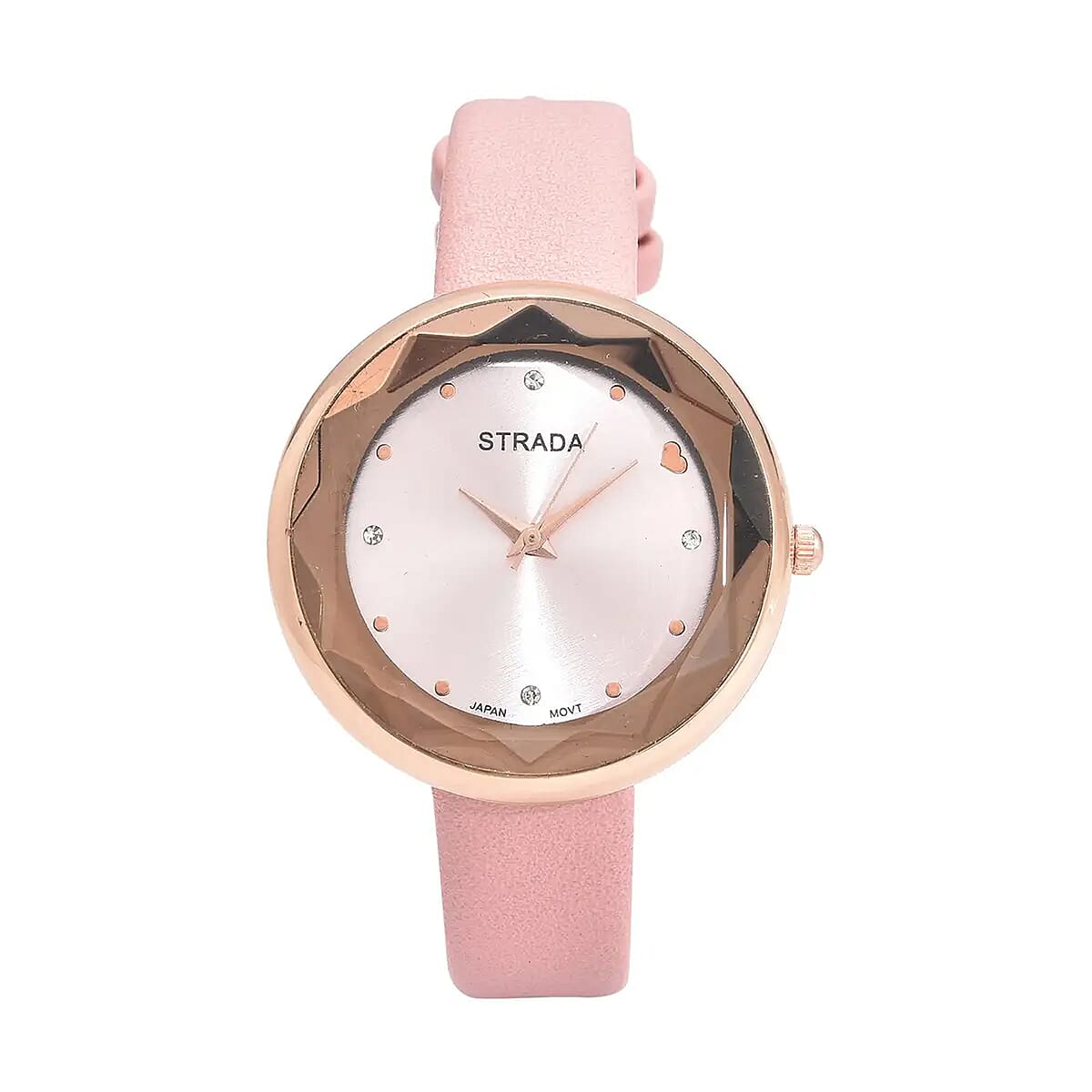 Strada Japanese Movement White Austrian Crystal with Pink Dial Watch in Pink Faux Leather Strap (36.32mm) (6.25-7.75 Inches) image number 0