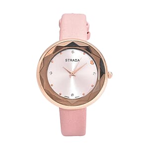 Strada Japanese Movement White Austrian Crystal with Pink Dial Watch in Pink Faux Leather Strap (36.32mm) (6.25-7.75 Inches)