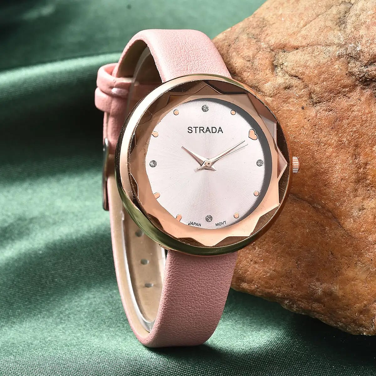 Strada Japanese Movement White Austrian Crystal with Pink Dial Watch in Pink Faux Leather Strap (36.32mm) (6.25-7.75 Inches) image number 1