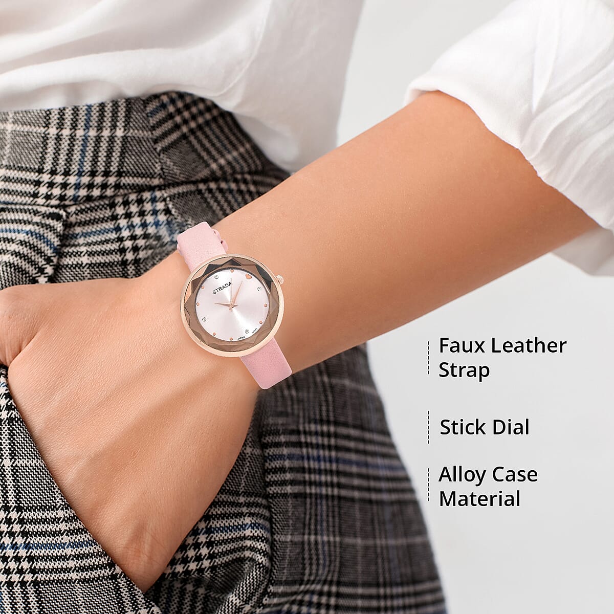 Strada Japanese Movement White Austrian Crystal with Pink Dial Watch in Pink Faux Leather Strap (36.32mm) (6.25-7.75 Inches) image number 2