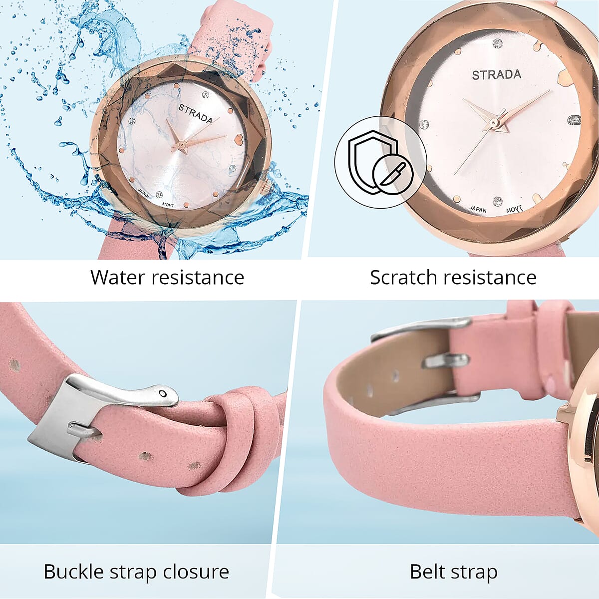 Strada Japanese Movement White Austrian Crystal with Pink Dial Watch in Pink Faux Leather Strap (36.32mm) (6.25-7.75 Inches) image number 3