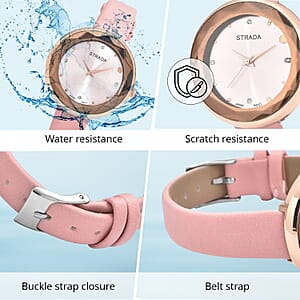 Strada Japanese Movement White Austrian Crystal with Pink Dial Watch in Pink Faux Leather Strap (36.32mm) (6.25-7.75 Inches)