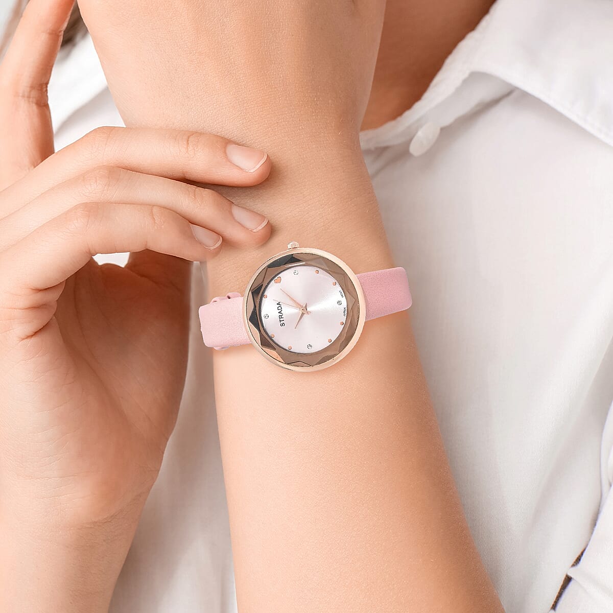 Strada Japanese Movement White Austrian Crystal with Pink Dial Watch in Pink Faux Leather Strap (36.32mm) (6.25-7.75 Inches) image number 4