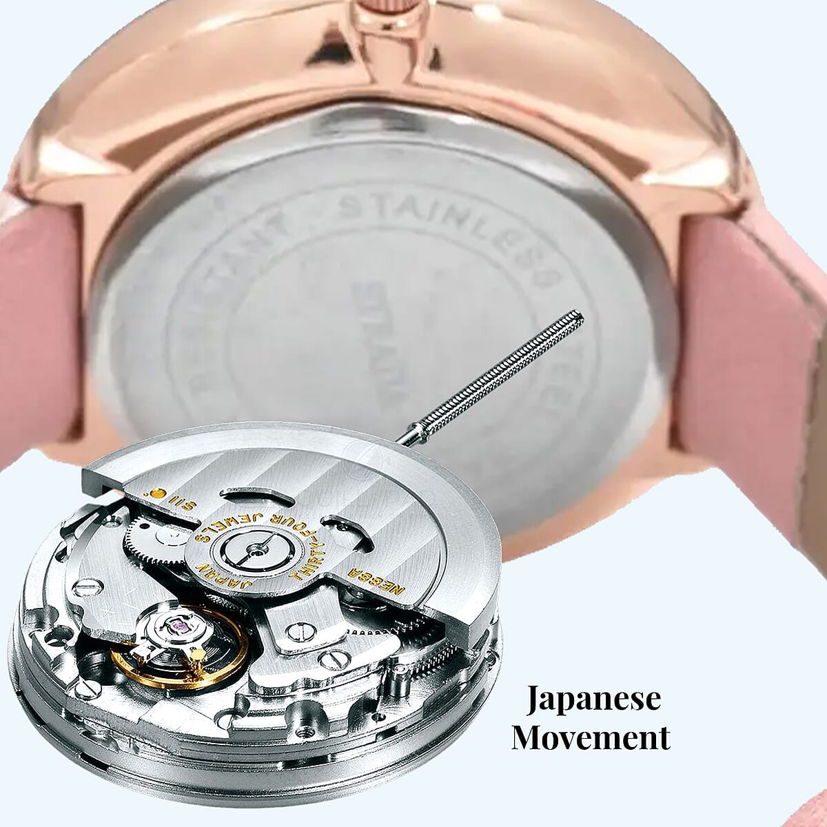 Strada Japanese Movement White Austrian Crystal with Pink Dial Watch in Pink Faux Leather Strap (36.32mm) (6.25-7.75 Inches) image number 5