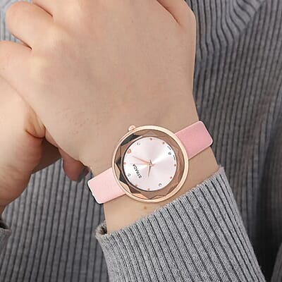 Strada Japanese Movement White Austrian Crystal with Pink Dial Watch in Pink Faux Leather Strap (36.32mm) (6.25-7.75 Inches)
