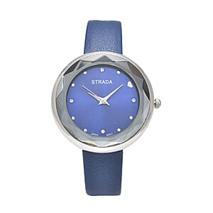 Strada Japanese Movement White Austrian Crystal with Blue Dial Watch in Blue Faux Leather Strap (36.32mm) (6.25-7.75 Inches)