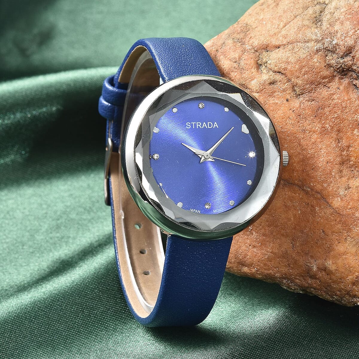 Strada Japanese Movement White Austrian Crystal with Blue Dial Watch in Blue Faux Leather Strap (36.32mm) (6.25-7.75 Inches) image number 1