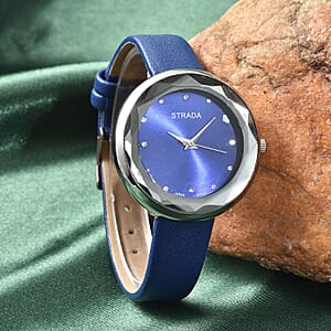 Strada Japanese Movement White Austrian Crystal with Blue Dial Watch in Blue Faux Leather Strap (36.32mm) (6.25-7.75 Inches)