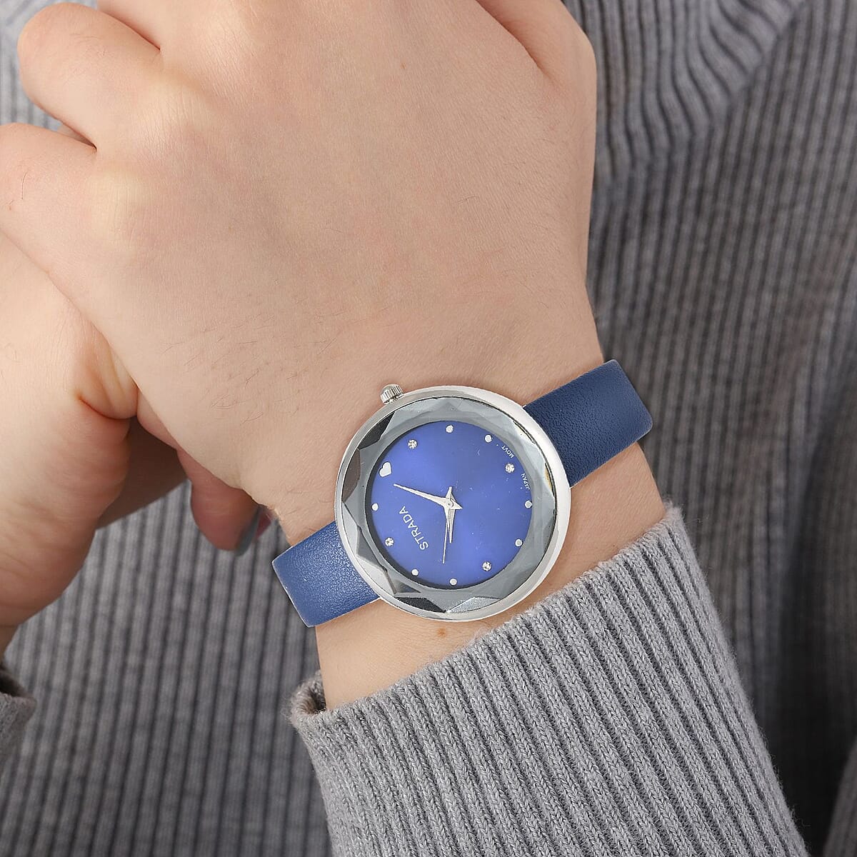 Strada Japanese Movement White Austrian Crystal with Blue Dial Watch in Blue Faux Leather Strap (36.32mm) (6.25-7.75 Inches) image number 2