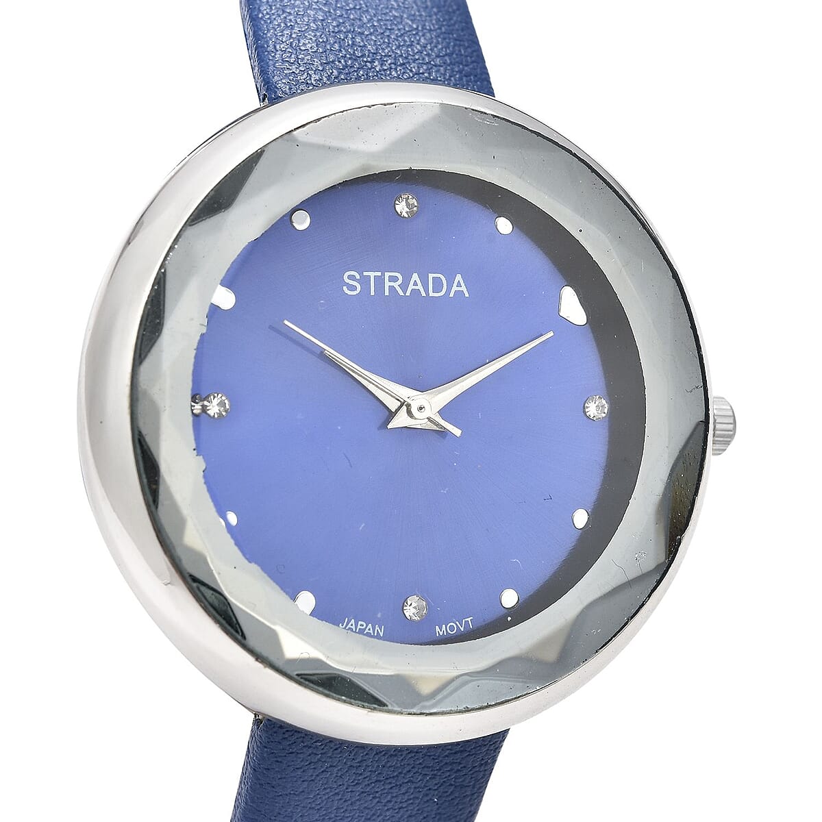 Strada Japanese Movement White Austrian Crystal with Blue Dial Watch in Blue Faux Leather Strap (36.32mm) (6.25-7.75 Inches) image number 3