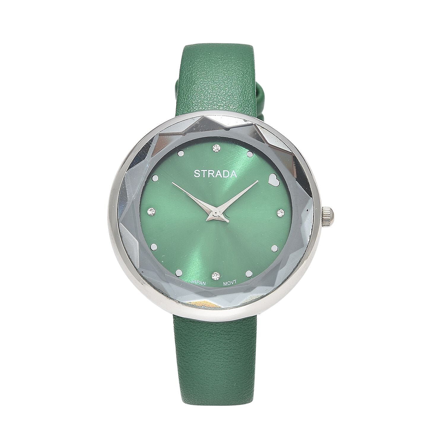 Strada Japanese Movement White Austrian Crystal with Green Dial Watch in Green Faux Leather Strap (36.32mm) (6.25-7.75 Inches)