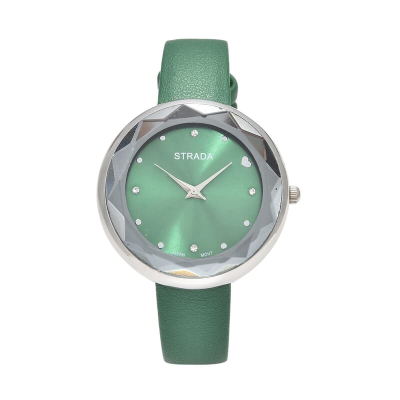 Strada Japanese Movement White Austrian Crystal with Green Dial Watch in Green Faux Leather Strap (36.32mm) (6.25-7.75 Inches)