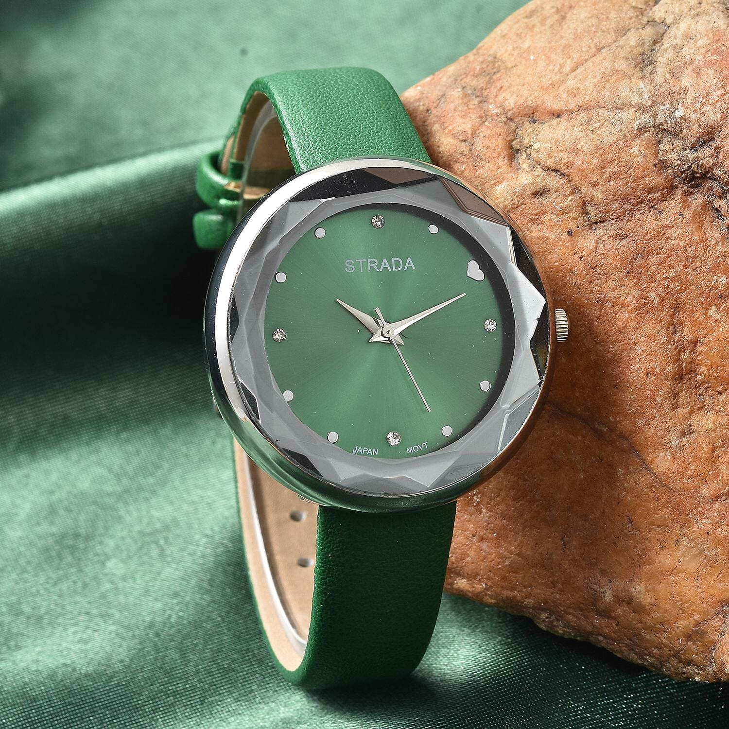 Strada Japanese Movement White Austrian Crystal with Green Dial Watch in Green Faux Leather Strap (36.32mm) (6.25-7.75 Inches)