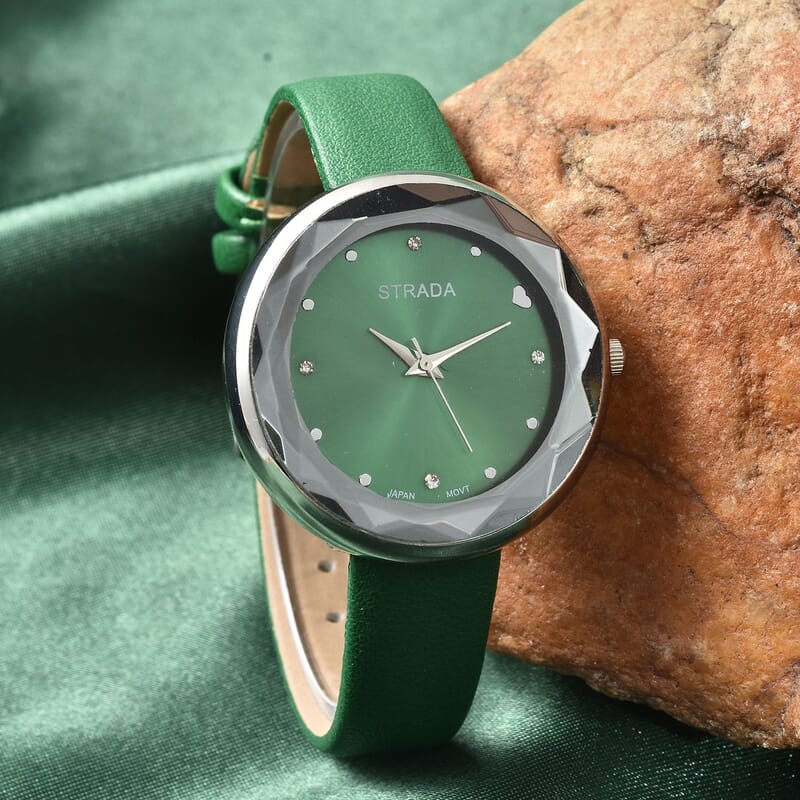 Strada Japanese Movement White Austrian Crystal with Green Dial Watch in Green Faux Leather Strap (36.32mm) (6.25-7.75 Inches)