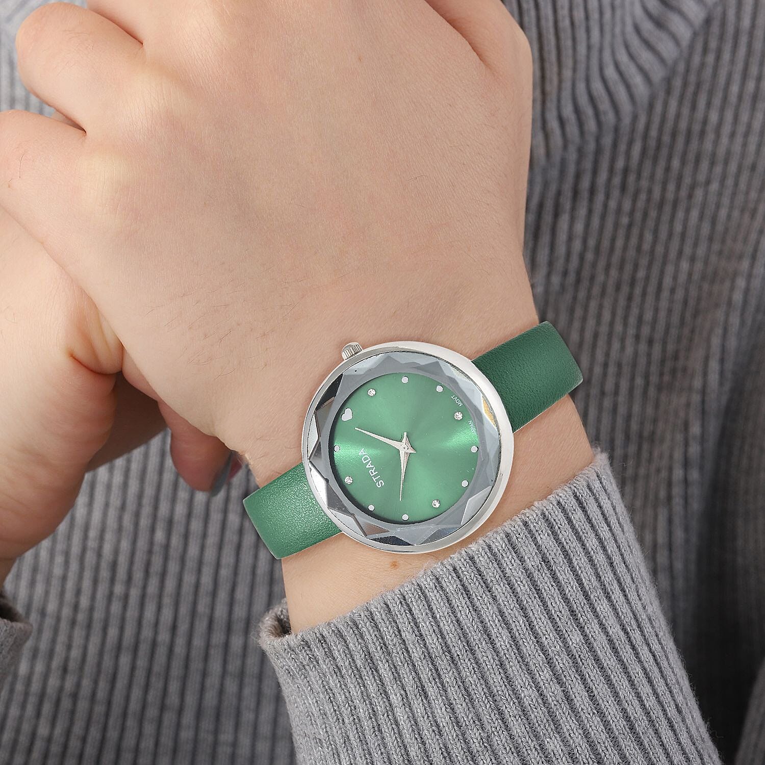 Strada Japanese Movement White Austrian Crystal with Green Dial Watch in Green Faux Leather Strap (36.32mm) (6.25-7.75 Inches)
