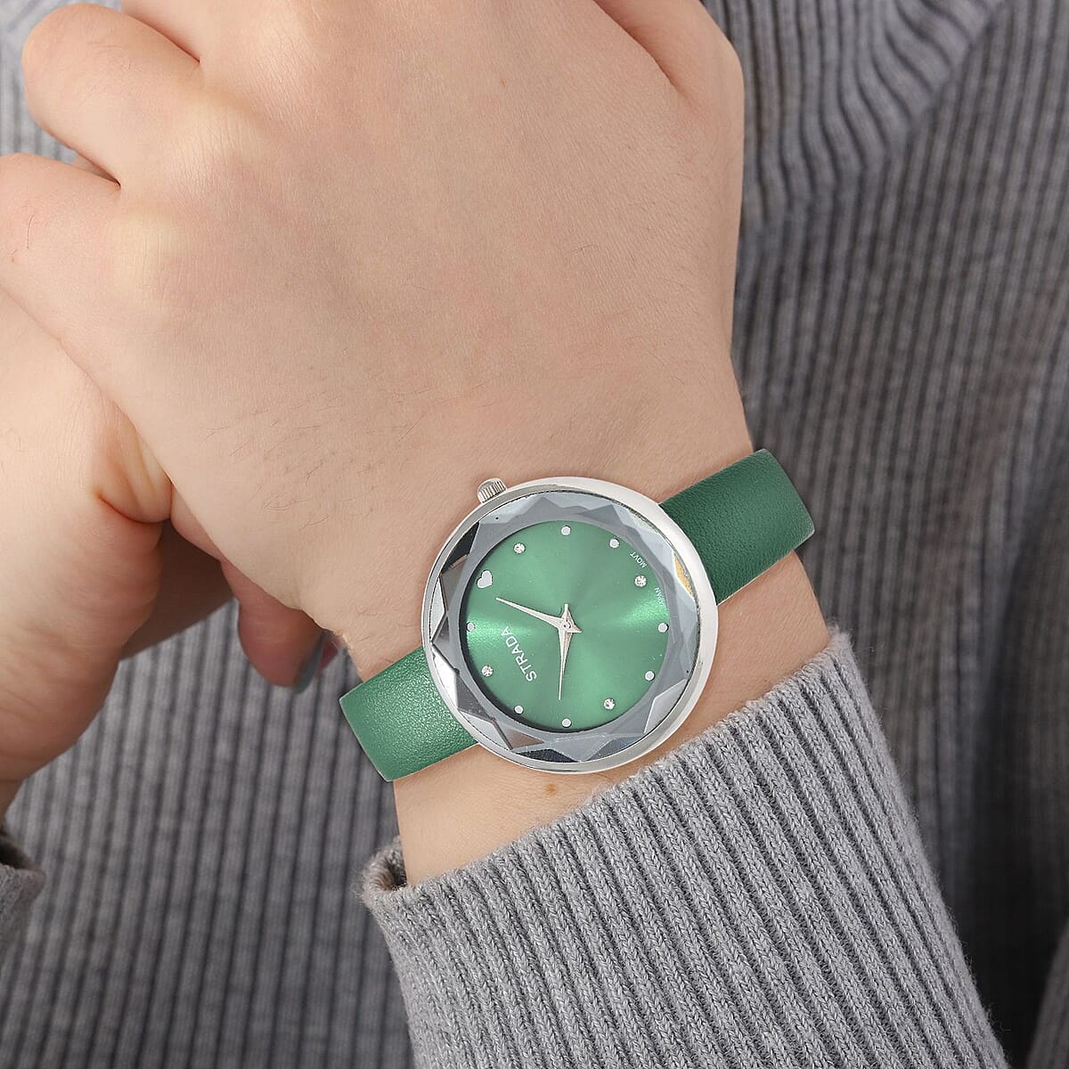 Strada Japanese Movement White Austrian Crystal with Green Dial Watch in Green Faux Leather Strap (36.32mm) (6.25-7.75 Inches) image number 2