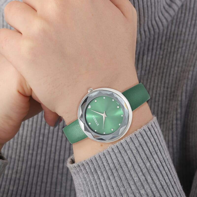 Strada Japanese Movement White Austrian Crystal with Green Dial Watch in Green Faux Leather Strap (36.32mm) (6.25-7.75 Inches)
