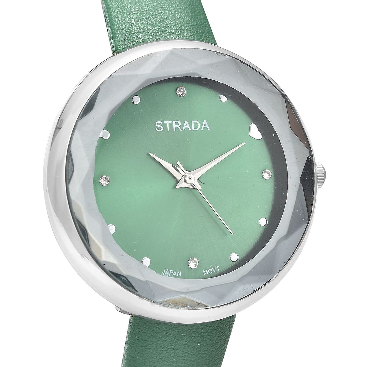 Strada Japanese Movement White Austrian Crystal with Green Dial Watch in Green Faux Leather Strap (36.32mm) (6.25-7.75 Inches) image number 3