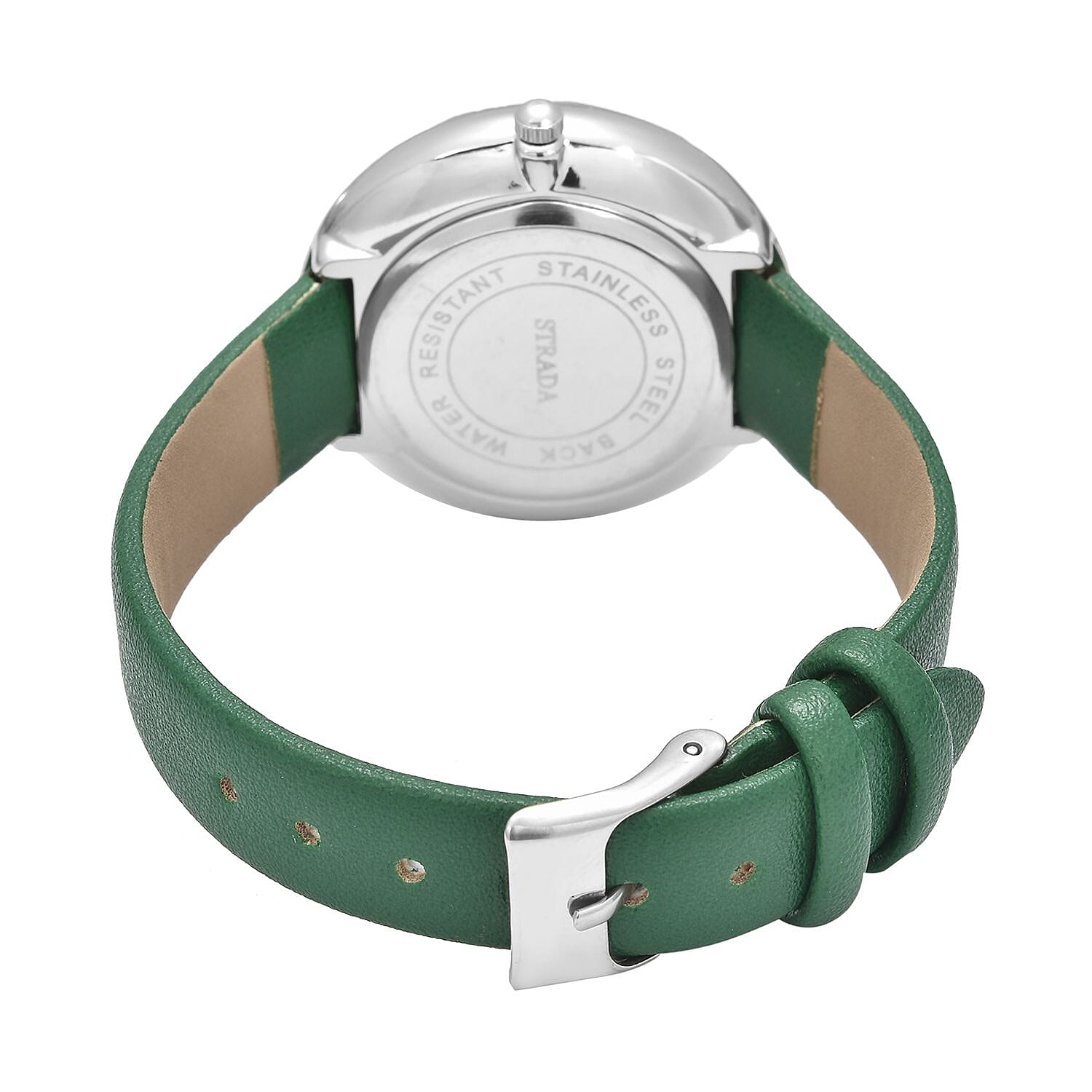Strada Japanese Movement White Austrian Crystal with Green Dial Watch in Green Faux Leather Strap (36.32mm) (6.25-7.75 Inches)