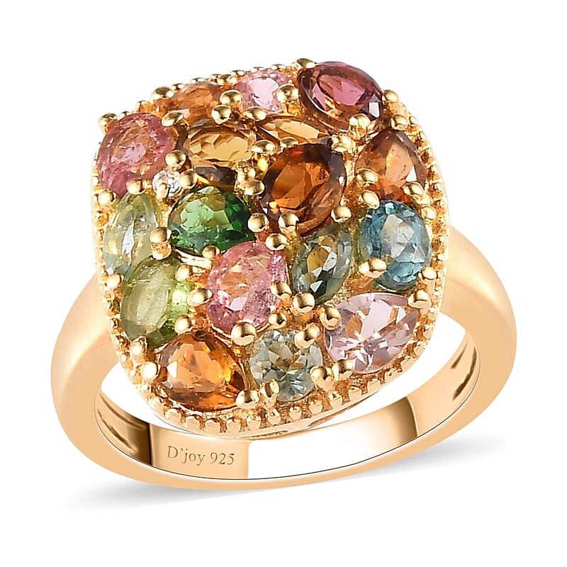 Multi-Tourmaline and Natural White Zircon Cluster Ring in Vermeil Yellow Gold Over Sterling Silver (Size 7.0) 2.00 ctw