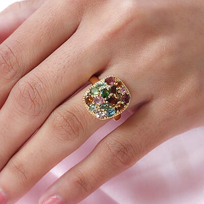 Multi-Tourmaline and Natural White Zircon Cluster Ring in Vermeil Yellow Gold Over Sterling Silver (Size 7.0) 2.00 ctw