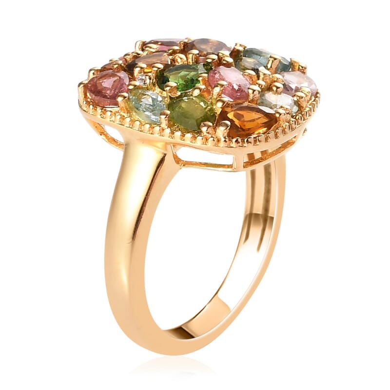 Multi-Tourmaline and Natural White Zircon Cluster Ring in Vermeil Yellow Gold Over Sterling Silver (Size 7.0) 2.00 ctw