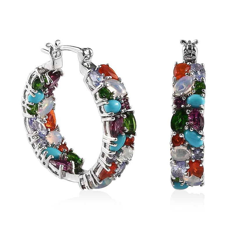 Multi Gemstone 9.60 ctw Inside Out Hoop Earrings in Platinum Over Sterling Silver