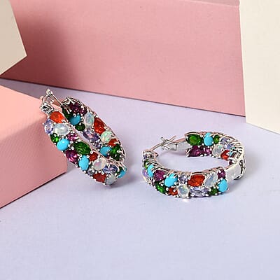 Multi Gemstone 9.60 ctw Inside Out Hoop Earrings in Platinum Over Sterling Silver