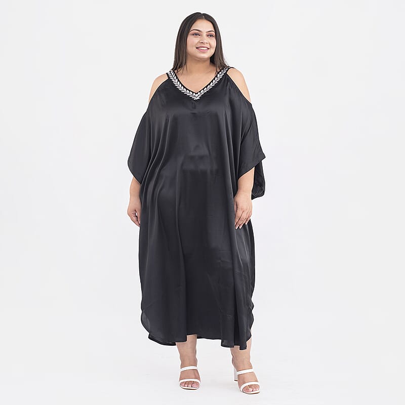 Tamsy Black V Neck Kaftan - One Size Missy