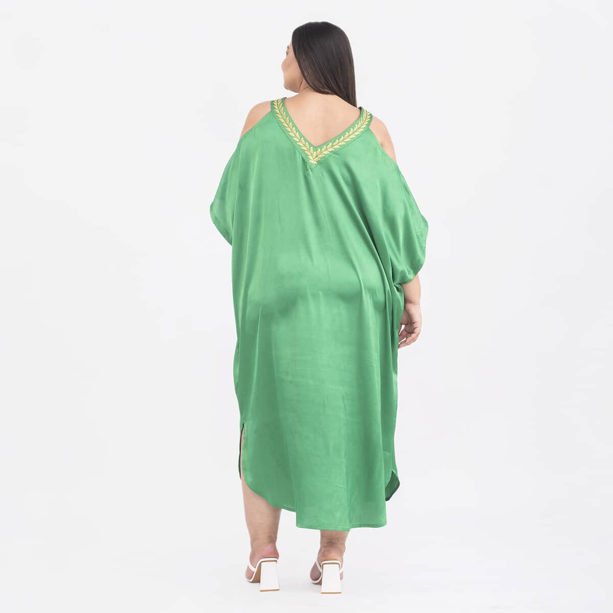 Tamsy Green V Neck Kaftan - One Size Missy image number 1