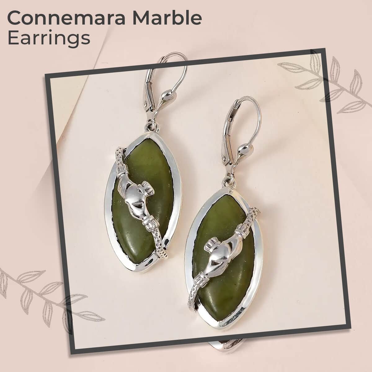 Connemara Marble Earrings, Claddagh Earrings, Dangle Earrings, Sterling Silver Earrings, Lever Back Earrings 19.75 ctw image number 1