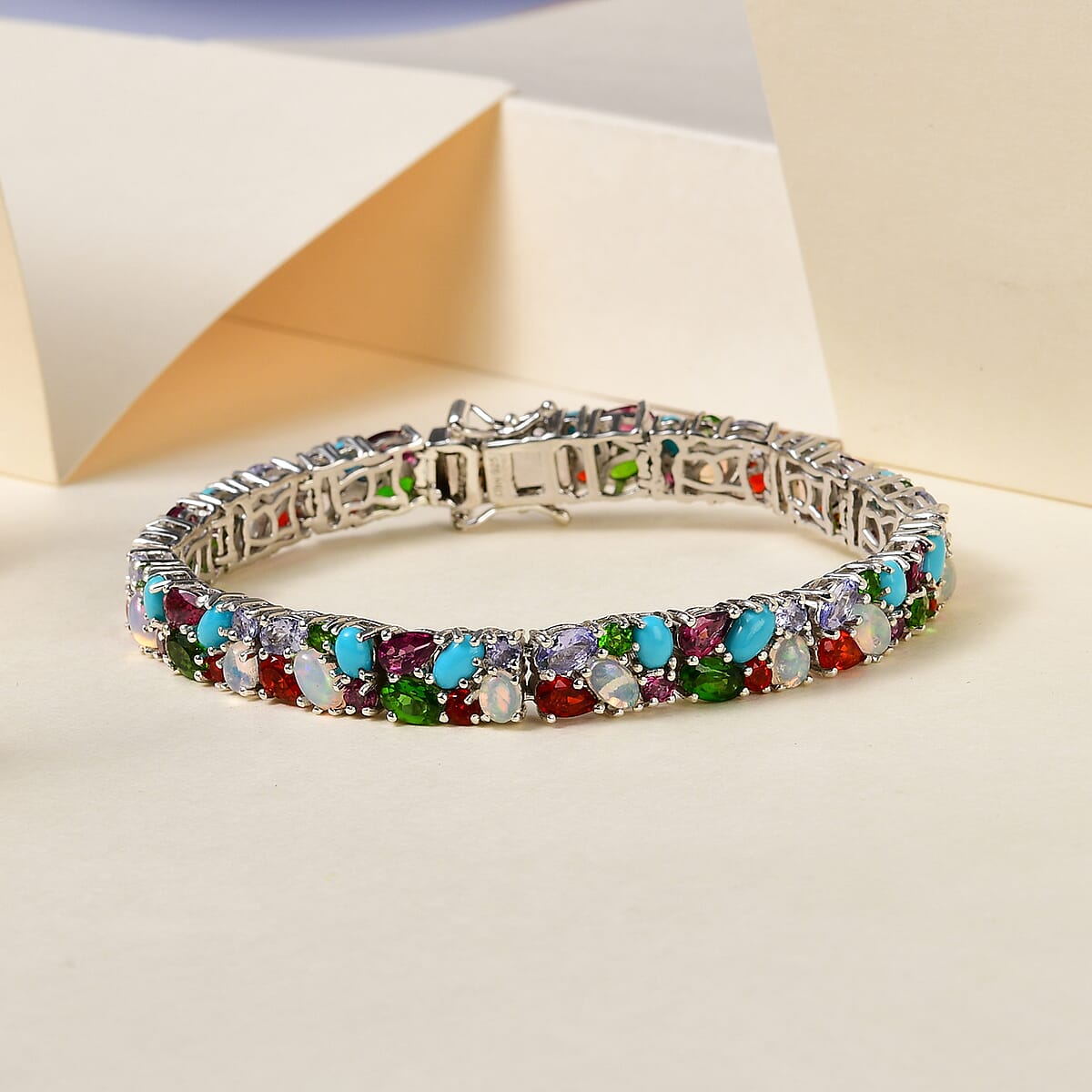 Multi Gemstone Cluster Bracelet in Platinum Over Sterling Silver (8.00 In) 15.60 ctw image number 1