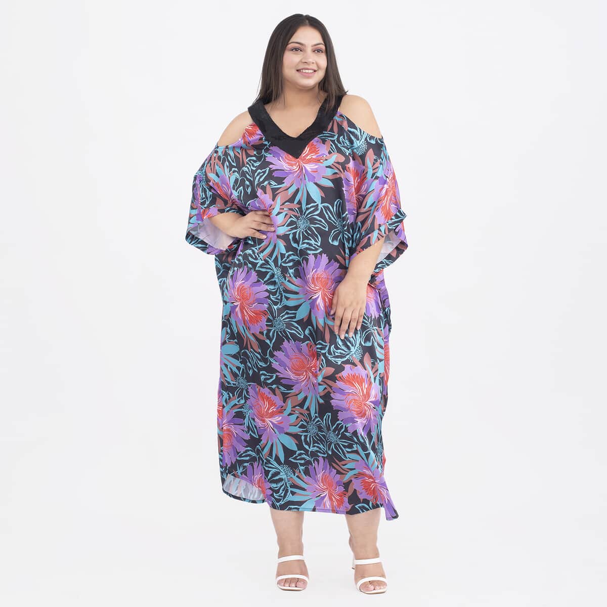 Tamsy Purple Flower Print Kaftan - One Size Missy image number 0