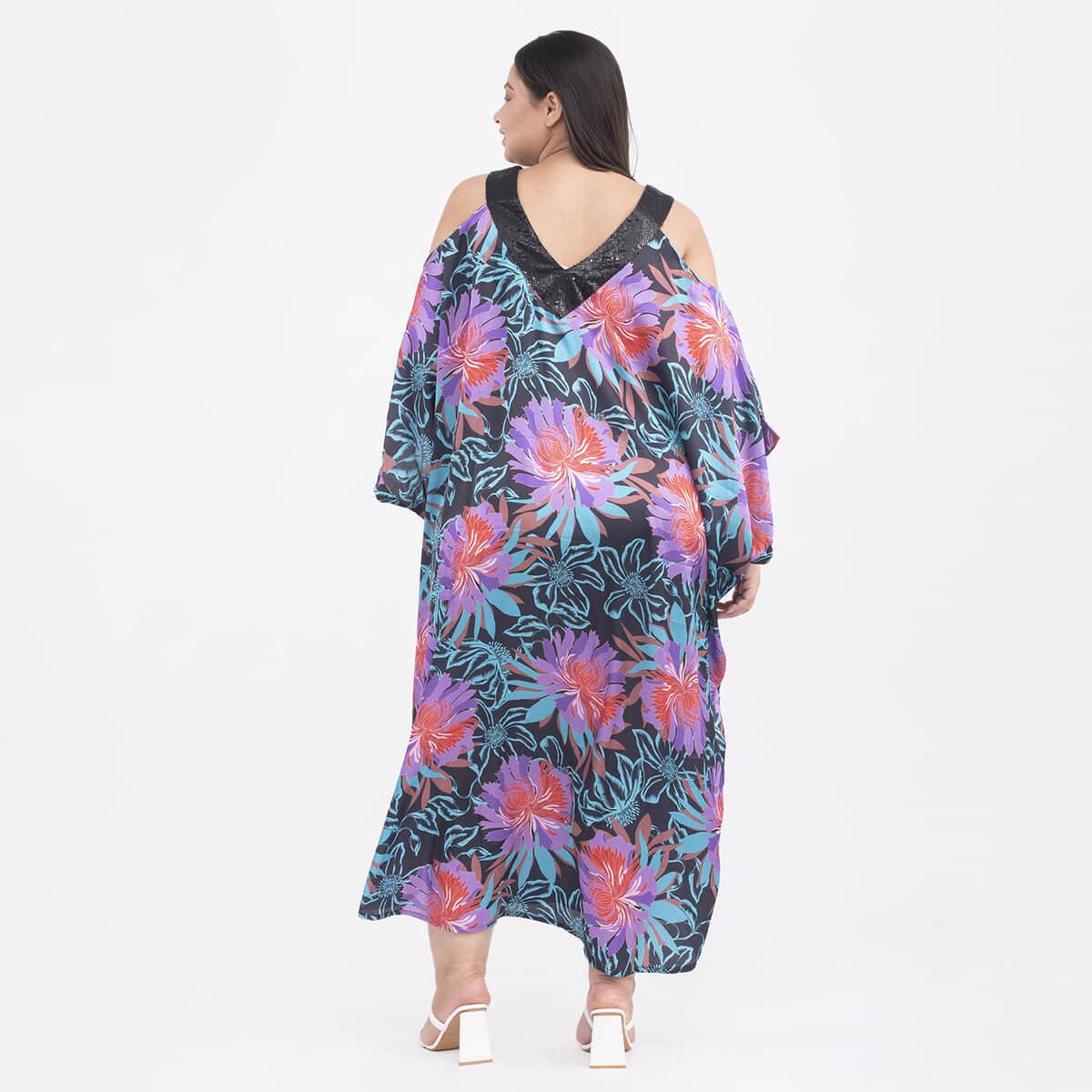 Tamsy Purple Flower Print Kaftan - One Size Missy image number 1