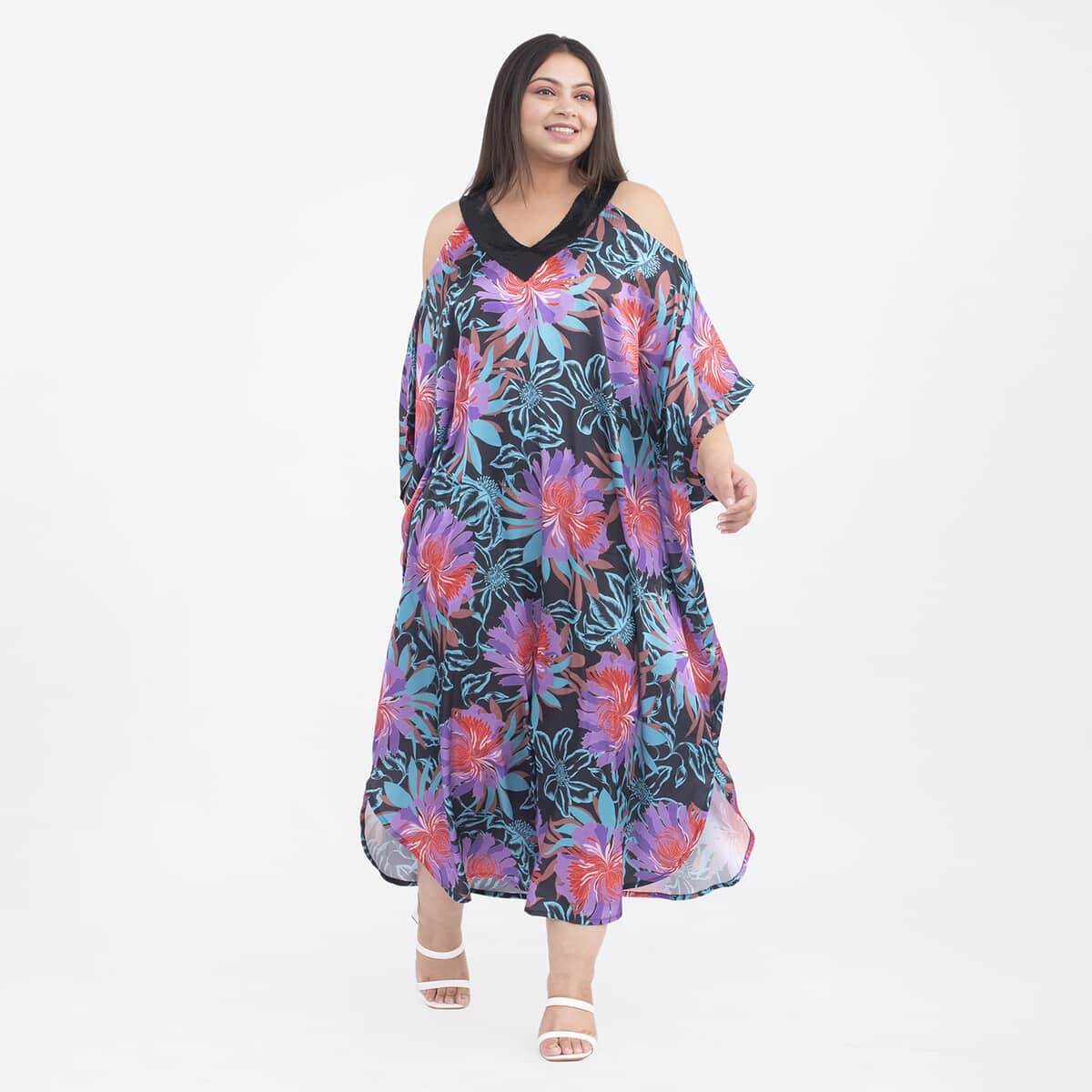 Tamsy Purple Flower Print Kaftan - One Size Missy image number 2