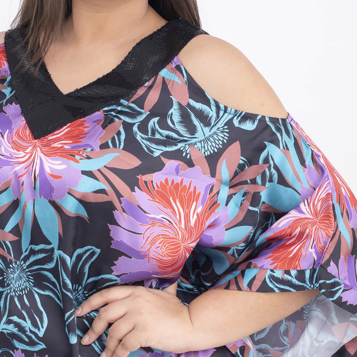 Tamsy Purple Flower Print Kaftan - One Size Plus image number 3