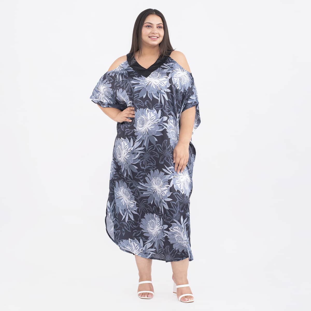 Tamsy Black Flower Print Kaftan - One Size Missy image number 0